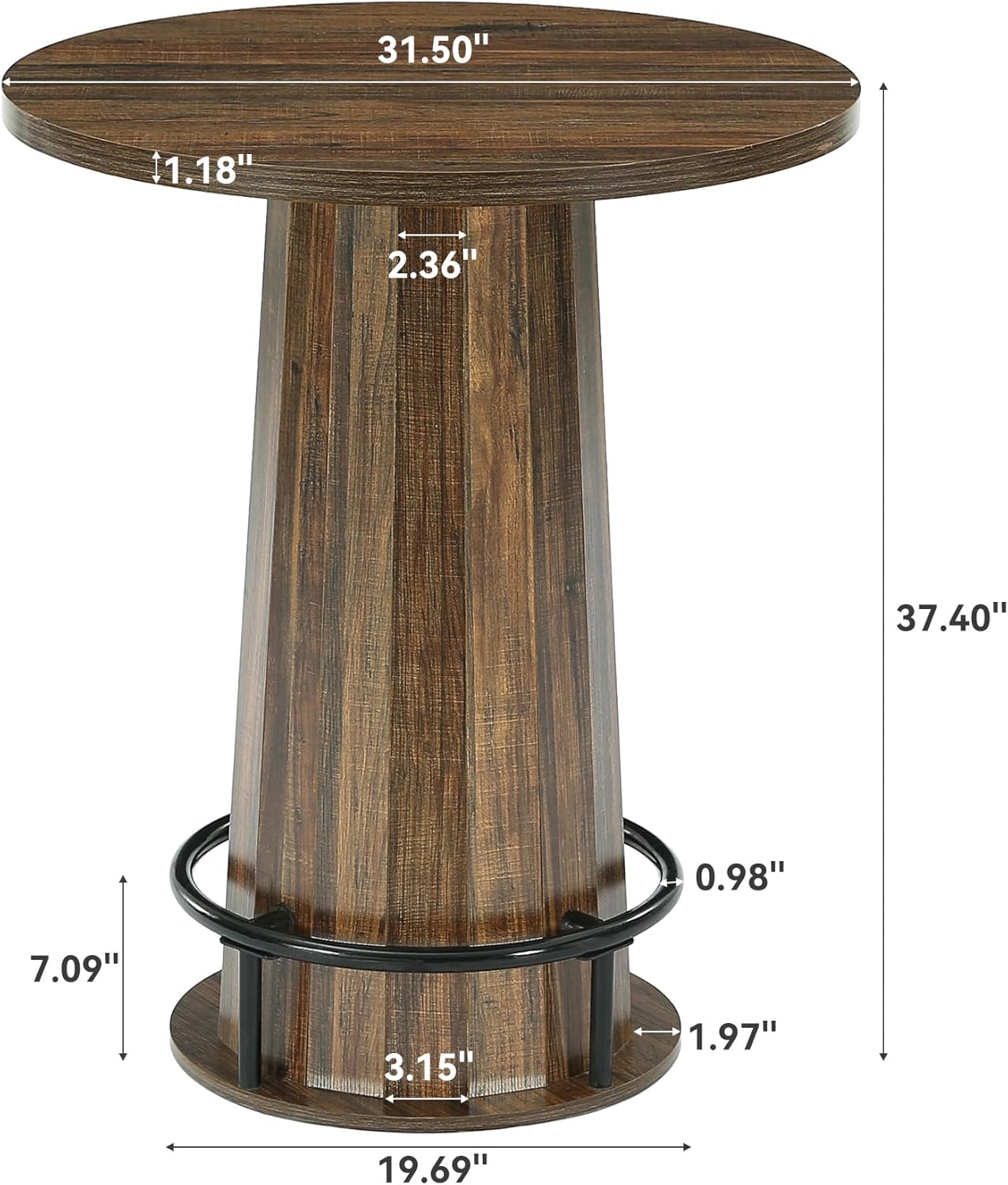 LITTLE TREE 31.5'' Round Bar Table, 37.4" H Wood Pub Table with Metal Ring Footrest, Industrial Farmhouse Bar Table for Kitchen, Dining Room, Pub, Rustic Brown(Only Table)