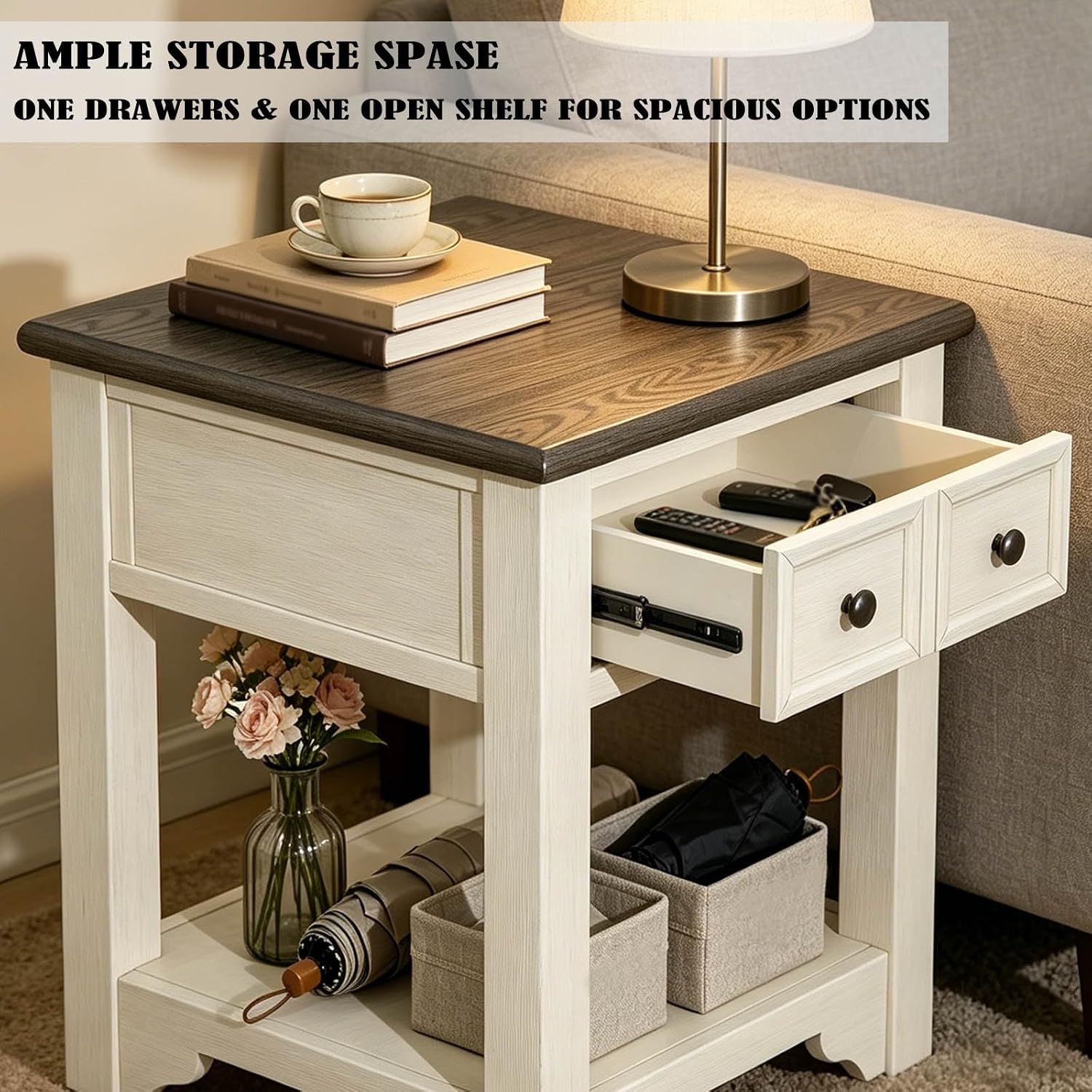 Farmhouse End Table with Drawers,Side Table with Storage,Wood Nightstand, Coffee Tables for Living Room,Entryway Table for Small Spaces,Small Side Table for Living Room, Bedroom, Kitchen