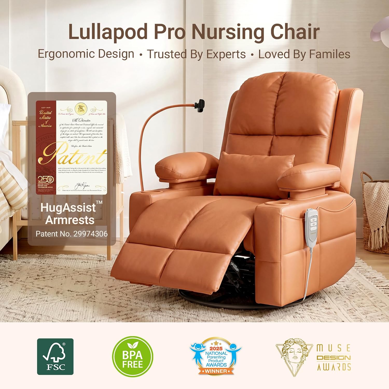 MAMAZING Lullapod Power Nursery Rocking Chair with HugAssist Armrest | Triple Motor Power Nursing Recliner with 270° Swivel Glider & Quiet Rocking, Dual Charging Ports & Built-In Storage