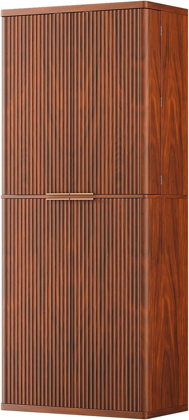 72" Tall Kitchen Pantry Cabinet with 6 Door Shelves, Modern Fluted Wood Storage Cupboard, Walnut Finish Organizer for Kitchen and Dining Fluted Cabinet Room, 30" W x Fluted Pantry c