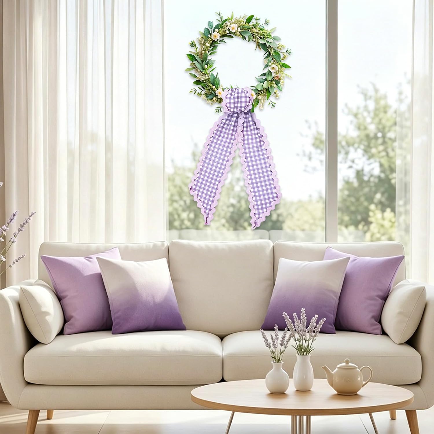 Whaline 2 Pcs Wreath Sash for Front Door Purple Plaid Garland Ribbon for Holiday Party Home Decor Indoor Outdoor