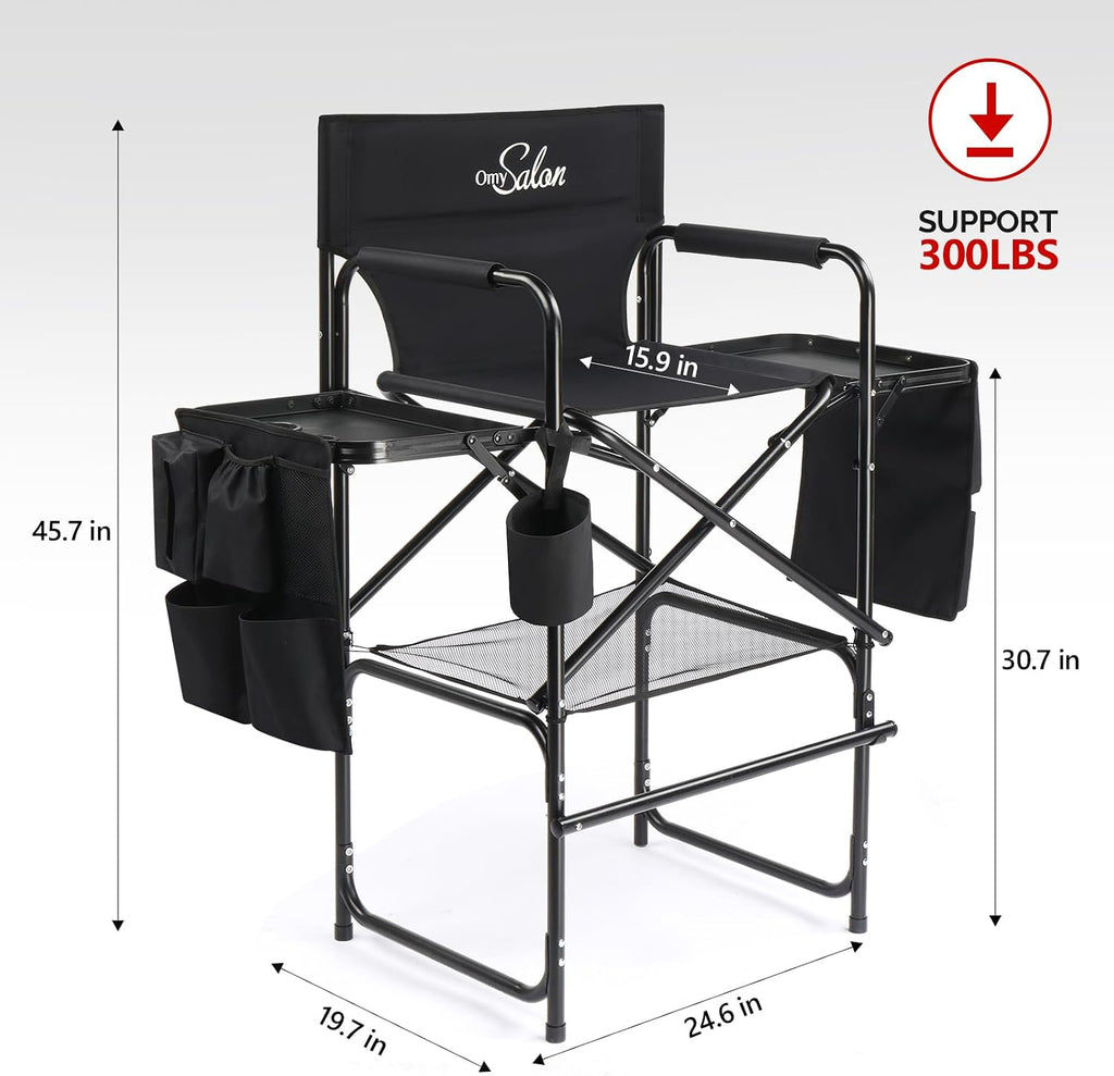 OmySalon Tall Folding Directors Chair with Side Table Storage Bag, Aluminum Frame 300 lbs Capacity, Portable Makeup Artist Bar Height, 19.7" D x 24.6" W x 45.7" H(Black)