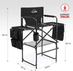 OmySalon Tall Folding Directors Chair with Side Table Storage Bag, Aluminum Frame 300 lbs Capacity, Portable Makeup Artist Bar Height, 19.7" D x 24.6" W x 45.7" H(Black)