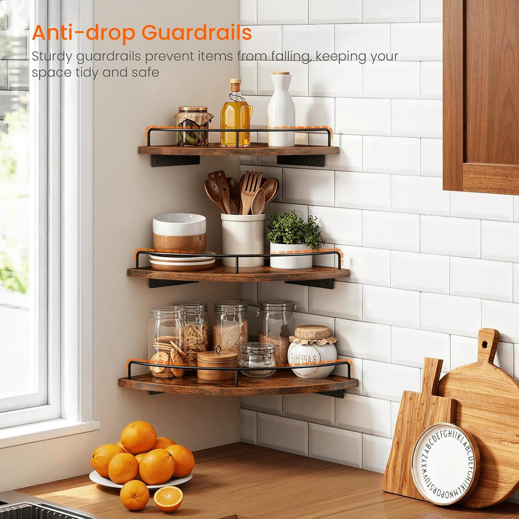 Homode Corner Shelf Wall Mounted Set of 3, Corner Floating Shelves 9/10/12 Inch Deep, Wood Round Corner Hanging Display Shelf with Guardrail for Bathroom Bedroom Kitchen Living Room, Rustic Brown
