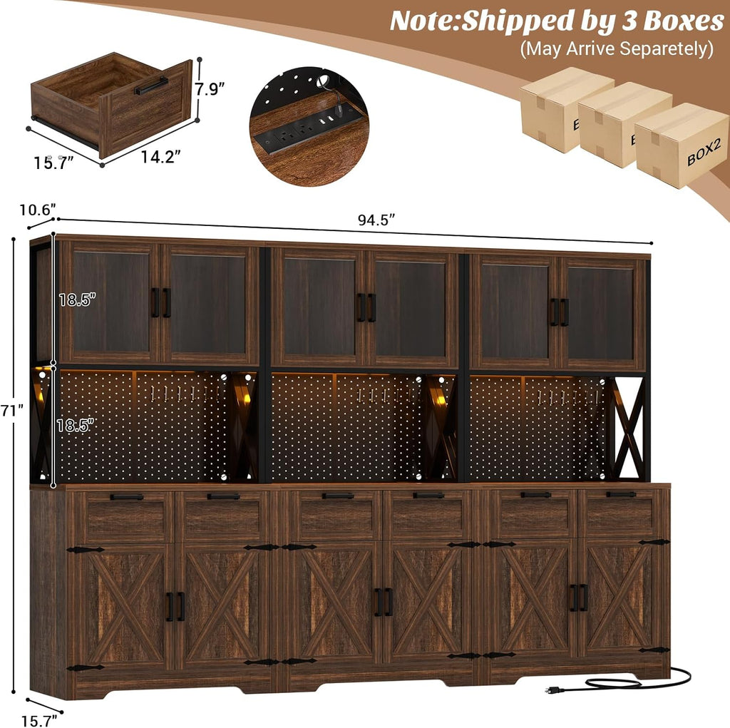 Unikito 94.5" Wide Kitchen Pantry Cabinet with 3 Power Outlets & LED Light, 71" Tall Large Kitchen Hutch with Countertop, DIY Pegboard with 18 Hooks & 6 Drawers, Farmhouse Food Pantry, Weathered Brown