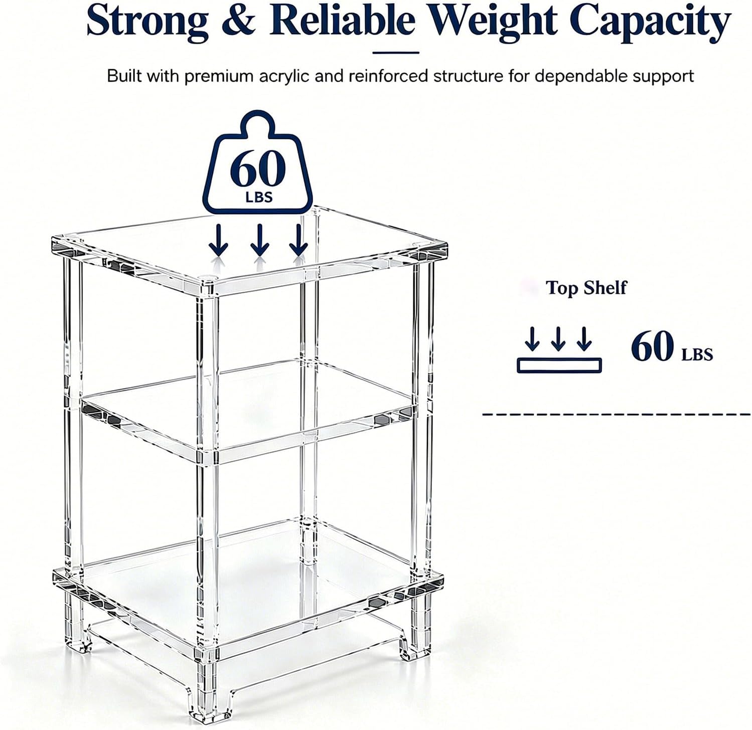 Thick Acrylic Side Shelf Table, 3-Tier Narrow Clear Acrylic End Table Nightstand, Square Transparent Small Coffee Table for Living Room Bedroom Small Space