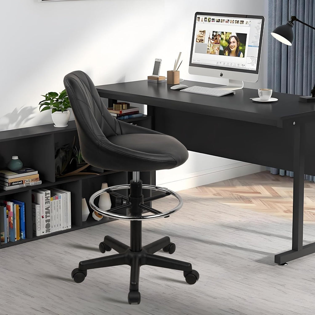 KLASIKA Adjustable Drafting Chair with Backrest & Wheels, Tall Swivel Rolling Stool with Height Adjustable Footrest, PU Leather Ergonomic Office Desk Chair for Workshop Home Kitchen Bar, Black