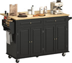 Gitua 59" W Rolling Kitchen Island with Drop Leaf, Movable Kitchen Carts on Wheels Island with Storage Cabinet&Charging Station, Island Table for Kitchen w/Rubber Wood Top, Rack, Hook, Drawers, Black