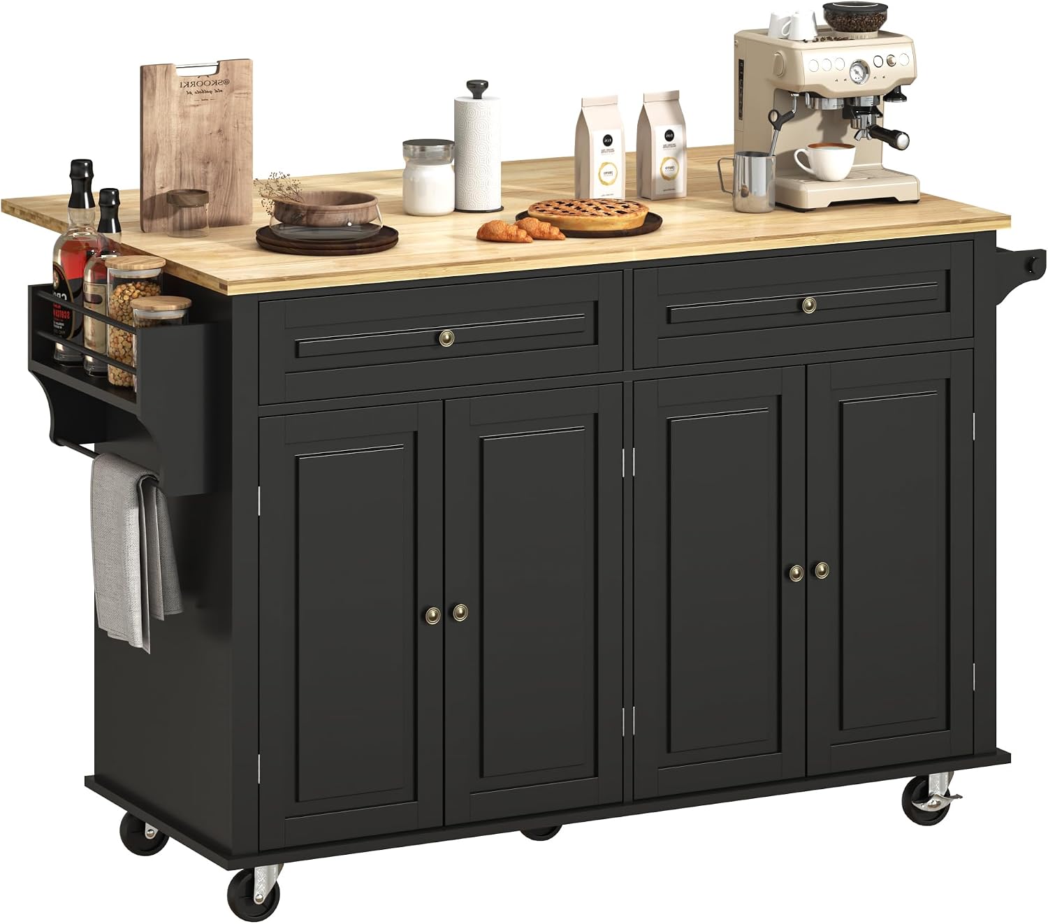 Gitua 59" W Rolling Kitchen Island with Drop Leaf, Movable Kitchen Carts on Wheels Island with Storage Cabinet&Charging Station, Island Table for Kitchen w/Rubber Wood Top, Rack, Hook, Drawers, Black