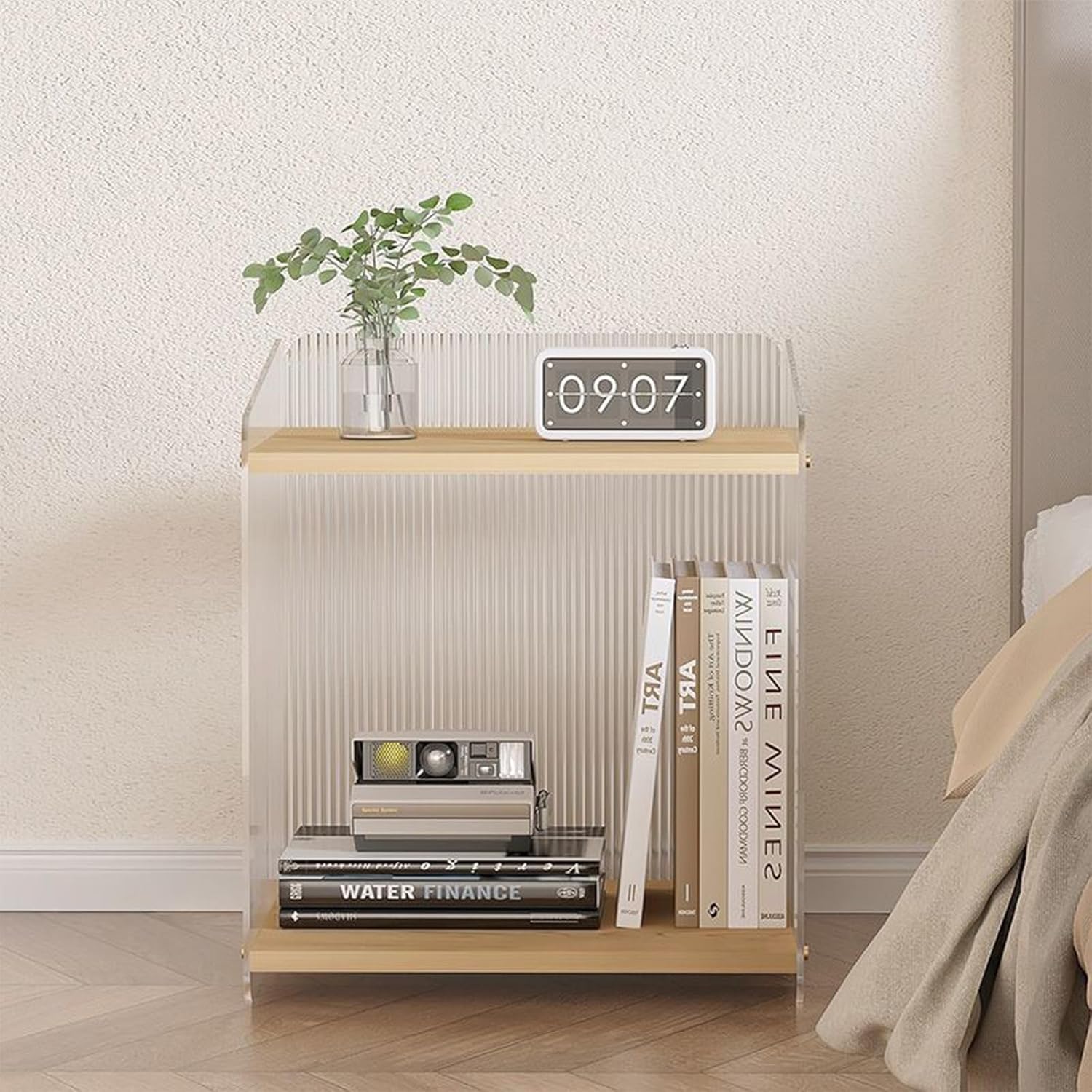 Acrylic and Wood End Table with 2-Tier Storage, Side Table for Couch Dinner Coffee Drink Table TV Snack Tray Modern Minimalist Nightstand for Living Room, 18.9 Inch, Clear (Wood)