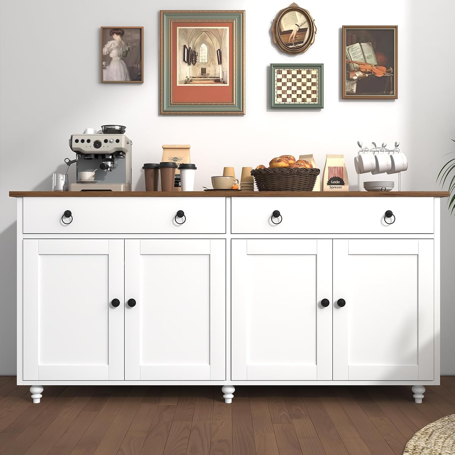 4 EVER WINNER Buffet Cabinet with Storage, 55'' Sideboard Buffet Cabinet with 2 Drawers, Coffee Bar Cabinet with 4 Doors, Kitchen Buffet Cabinet for Living Room, White