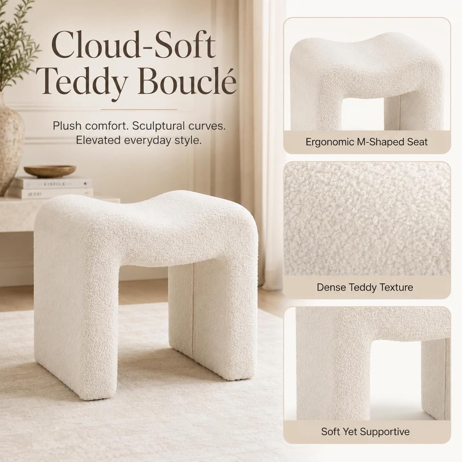 Wimarsbon Vanity Stool Chair, Modern Teddy Velvet Ottoman Footrest, Sofa Bench Footstool Extra Seat, Home Decor for Makeup Room, Living Room, Entryway, Office (M Shaped White)