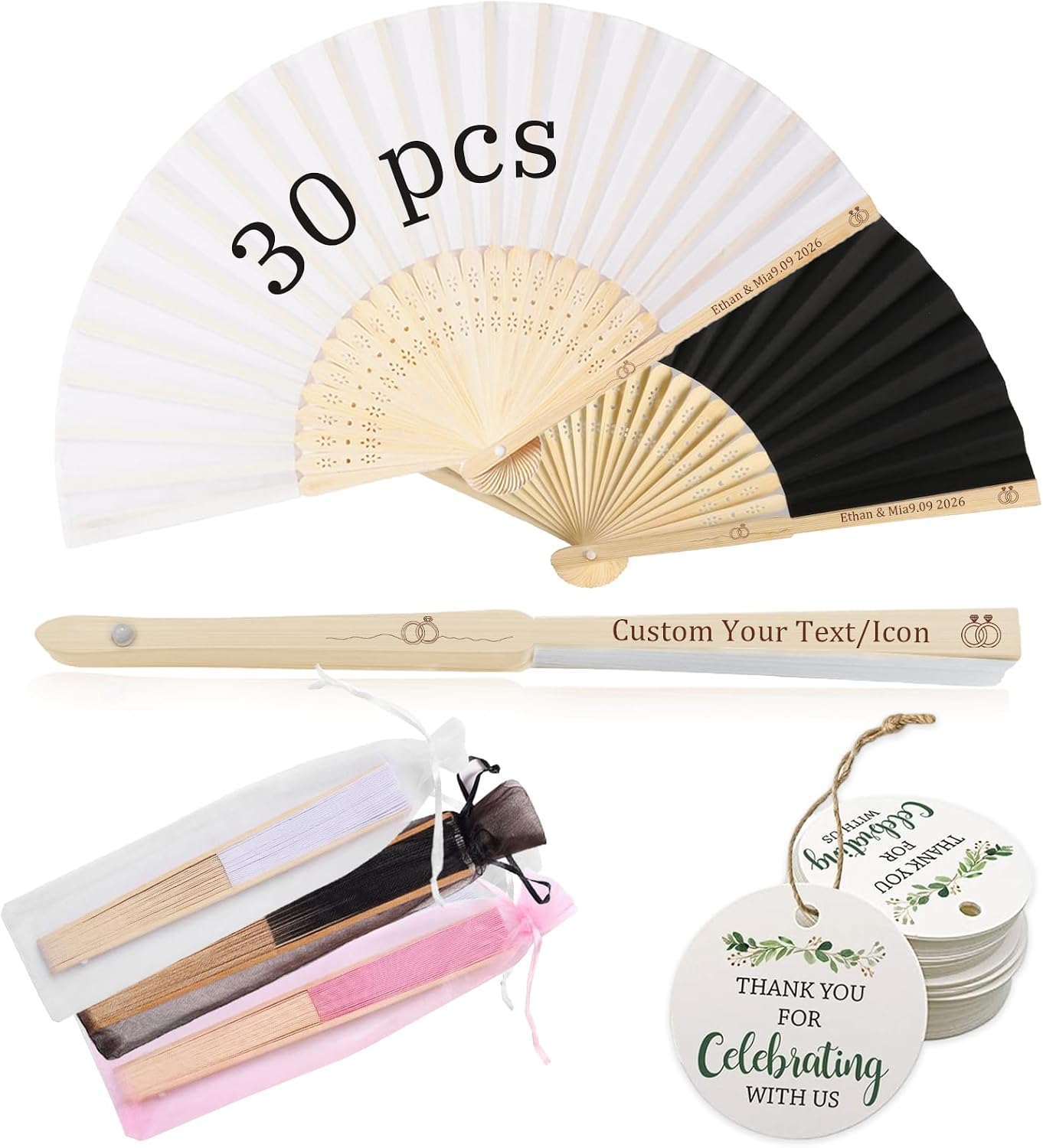 HJX Personalized Wedding Fans for Guests Custom Engraved Bulk Paper Folding Fans Favors for Party