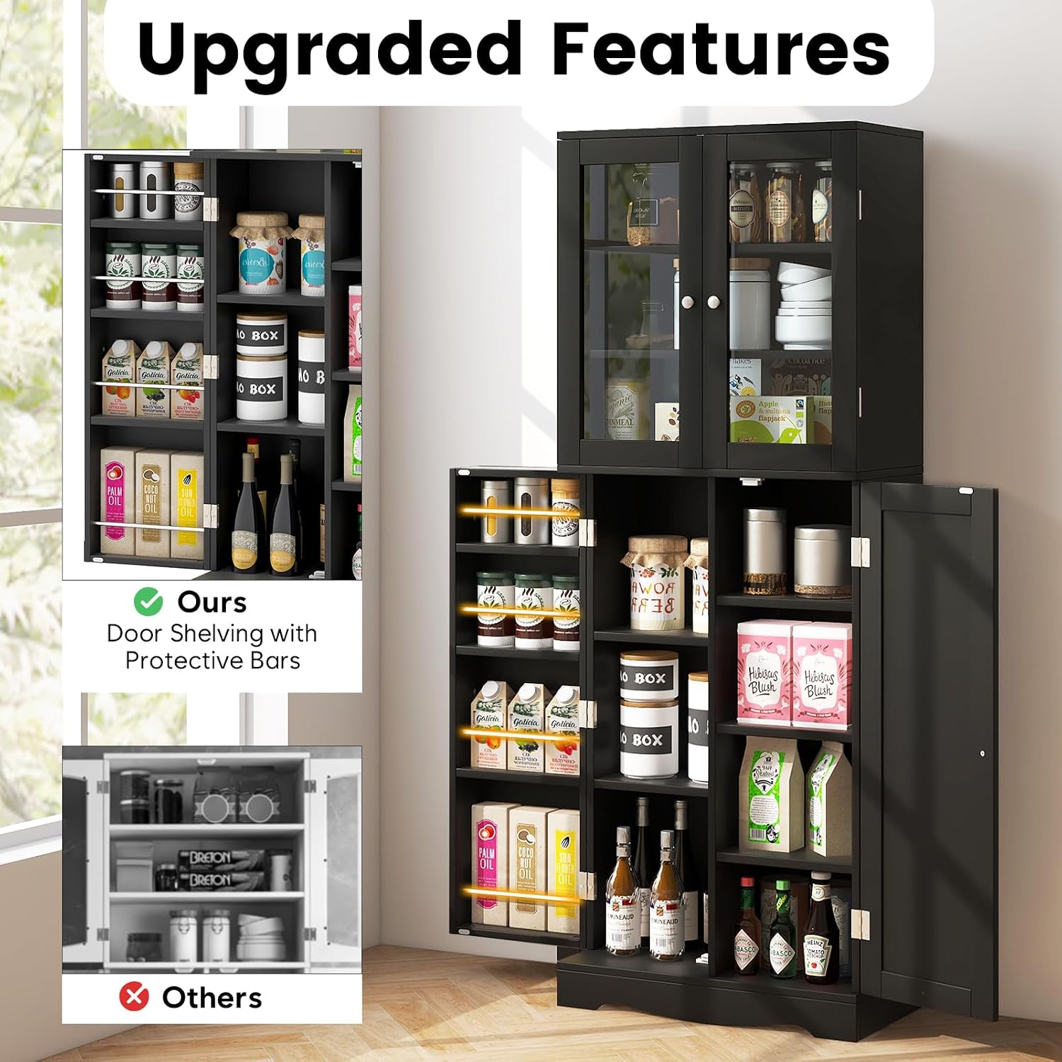 SlickBlue Tall Kitchen Pantry Cabinet with Tempered Glass Doors and Storage Shelves