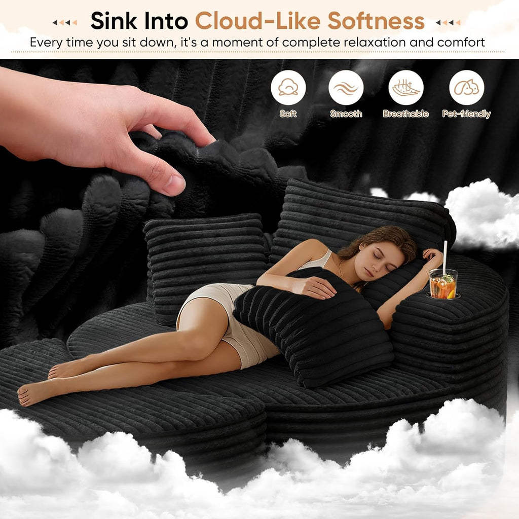 Oversized Round Chaise Longue Chair with Ottoman, Modern Corduroy Deep Seat Circle Single Cloud Boneless Floor Accent Chair w/Cup Holders for Living Room, Bedroom Apartment, 55" W * 74.6" D, Black