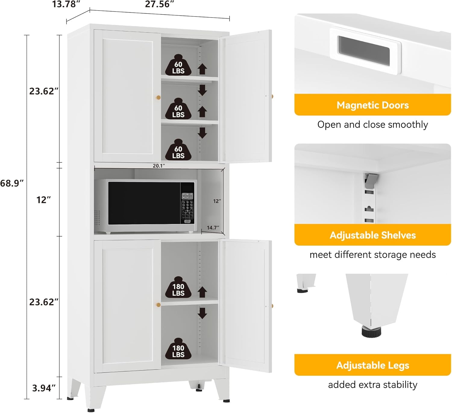 YAUWOH 69" Tall Metal Pantry Cabinet with Microwave Shelf, 4 Doors & 3 Adjustable Shelves, 120LBS Per Shelf Heavy Duty Storage Cabinet with Anti-Tip Design for Kitchen,Dining Room (1PC,White)
