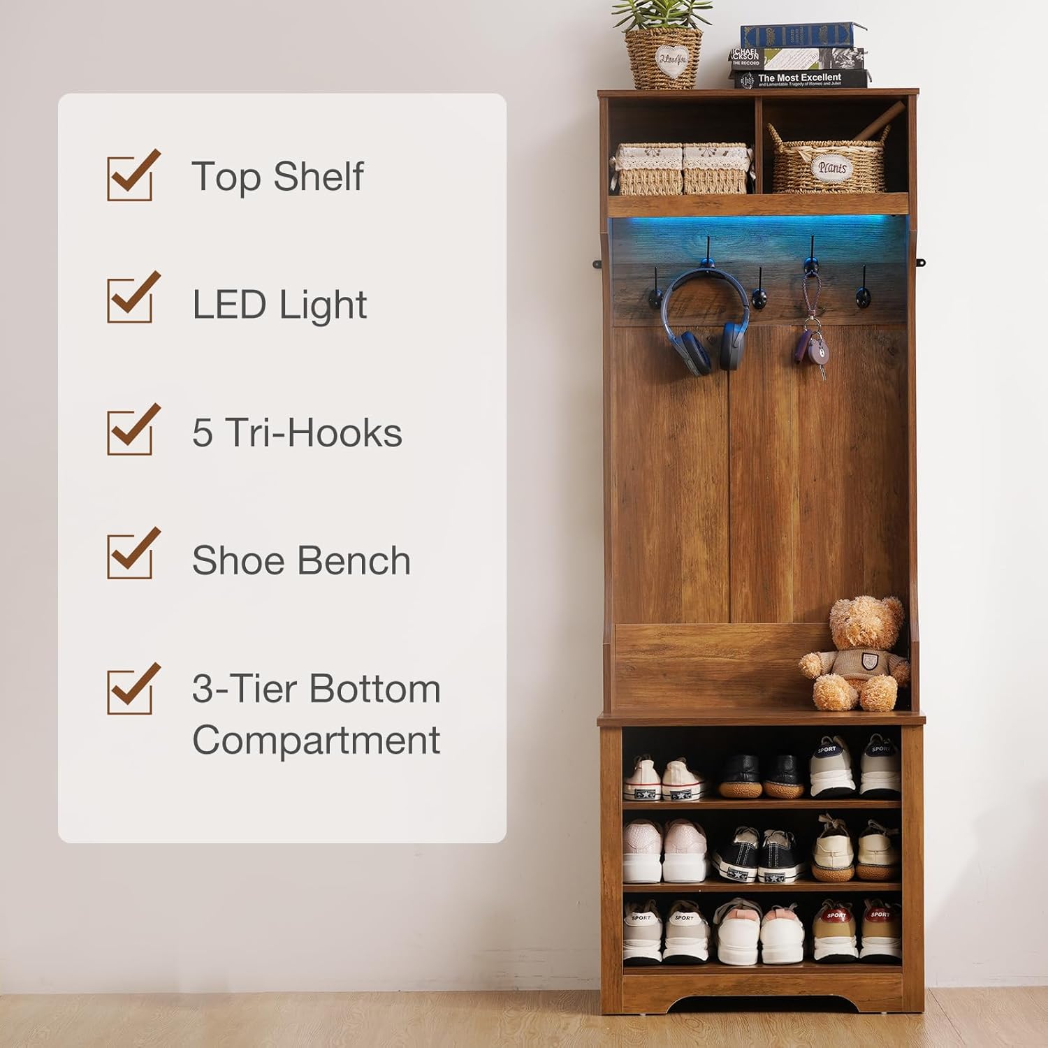 HOMMPA 24" Hall Tree with Bench and Shoe Storage, 5-in-1 Entryway Hall Tree with LED Light, 5 Tri-Hooks, Shoe Cabinet & Open Compartment, Farmhouse Style Mudroom Storage Bench w/Coat Rack for Hallway