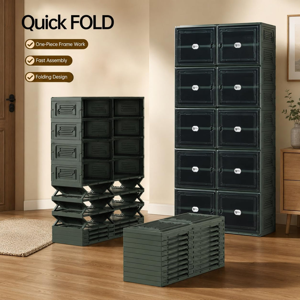 Green Foldable Shoe Storage Cabinet for 40 Pairs with Magnetic Clear Doors, Portable Enclosed Shoe Organizer, 3-Step Quick Assembly for Entryway, Closet, Garage