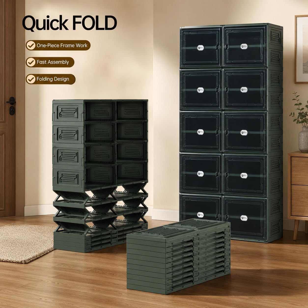 Green Foldable Shoe Storage Cabinet for 40 Pairs with Magnetic Clear Doors, Portable Enclosed Shoe Organizer, 3-Step Quick Assembly for Entryway, Closet, Garage