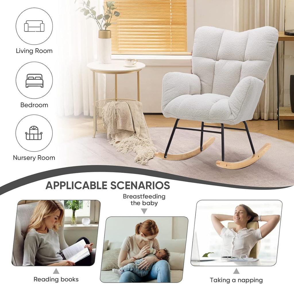 Nursery Rocking Chair, Teddy Velvet Upholstered Glider Rocker Rocking Accent Chair with High Backrest, Mid Century Modern Armchair Comfy Side Chair for Living Room Bedroom Offices