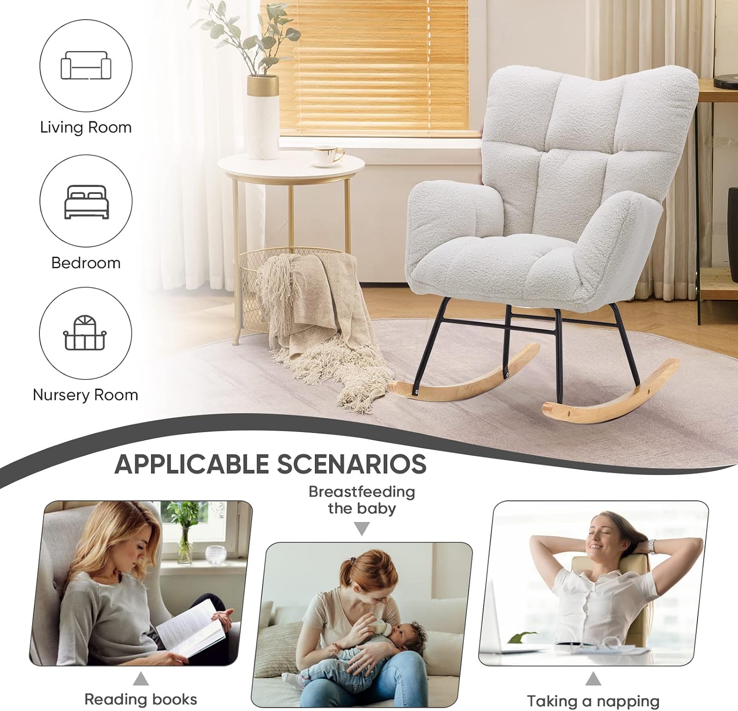 Nursery Rocking Chair, Teddy Velvet Upholstered Glider Rocker Rocking Accent Chair with High Backrest, Mid Century Modern Armchair Comfy Side Chair for Living Room Bedroom Offices