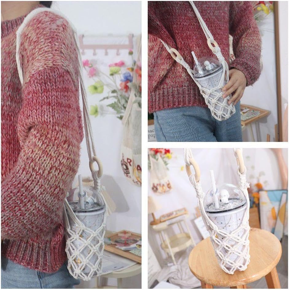 Hanging Water Bottle Net Bag Cotton Carrier with Hooks Portable Storage Holder for Wine Bottles DIY Accessories(white)