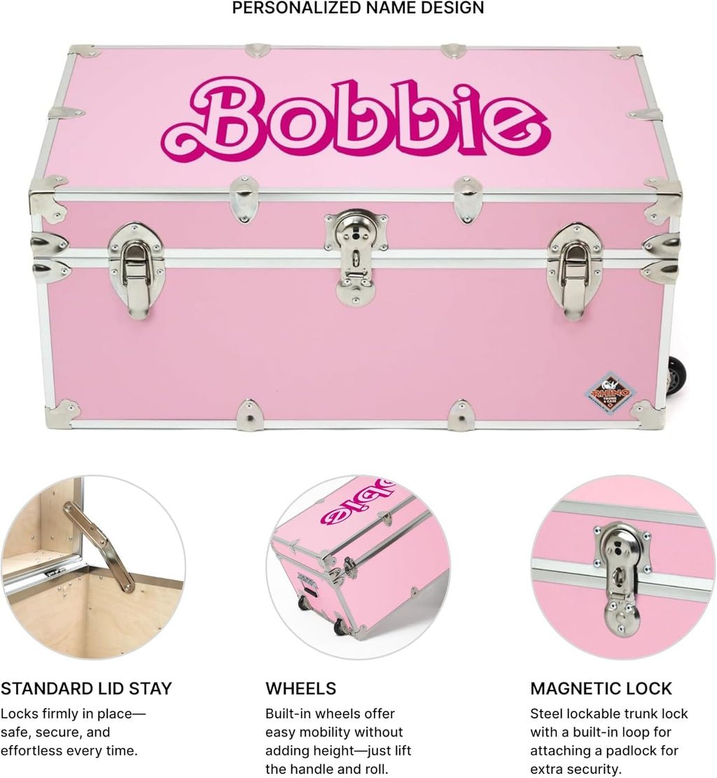 Rhino Trunk & Case Girls Personalized Pink Trunk with Wheels. 32"x18"x14", 1000+ lbs Capacity Steamer Style - Strong, USA Made Summer Camp Footlocker and Secure Dorm Storage Chest