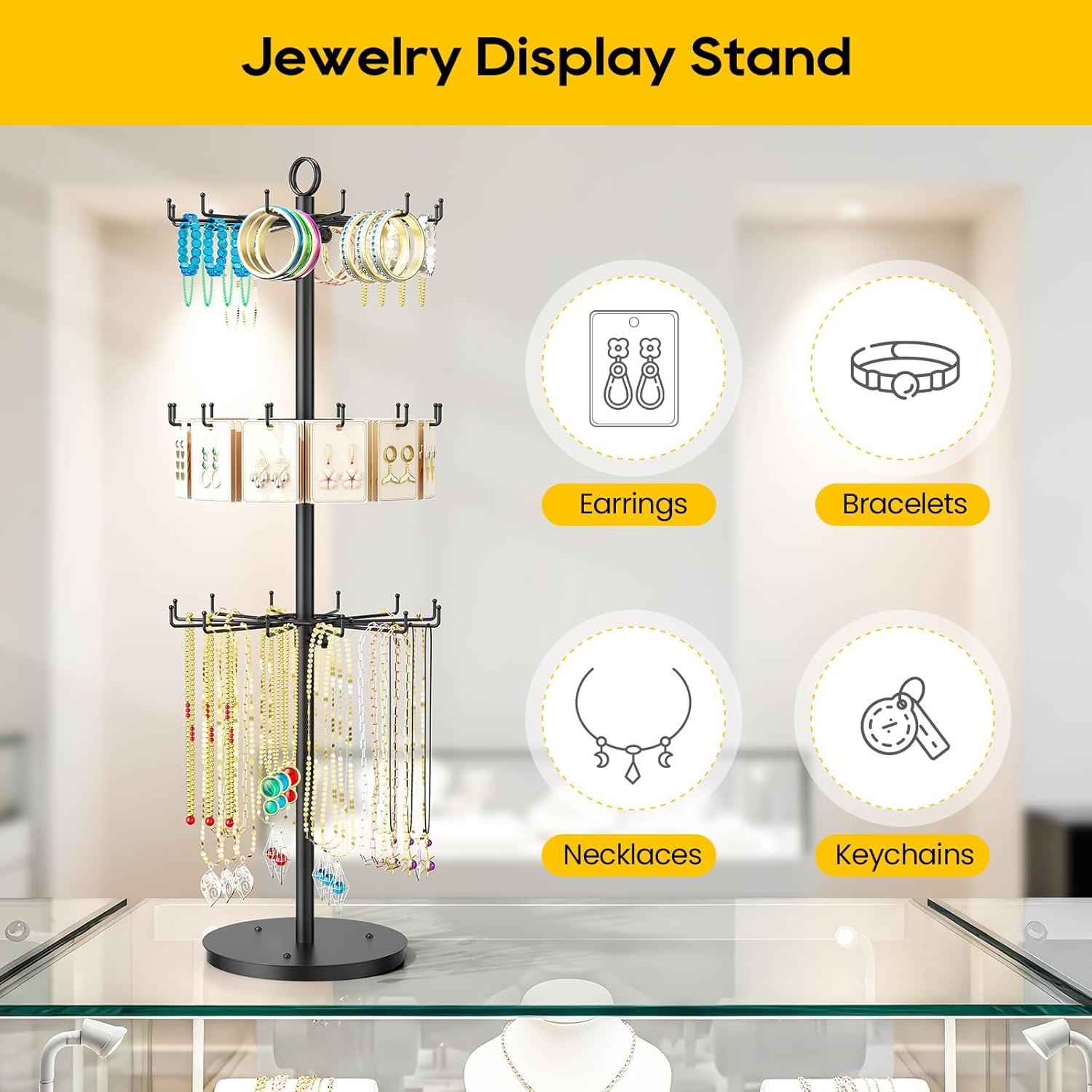 ORLESS 3 Tier Rotating Jewelry Display Stand, Keychain Display Stand with 36 Hooks, Black Metal Retail Display Spinning Holder for Vendor, Spinning Display Rack for Necklace Bracelet Earring Organizer