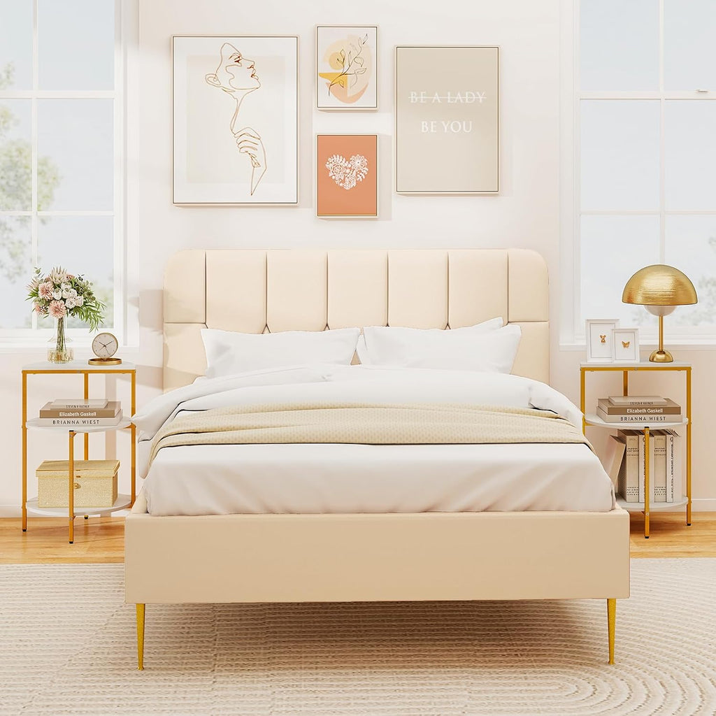 GOFLAME Gold End Table, Round Sofa Side Table with Storage Shelves 3-Tier, Metal Frame, Modern Bedside Tables, Narrow Compact Nightstand for Small Spaces, Living Room, Bedroom, White & Gold (2)