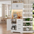LLappuil 67" Kitchen Pantry with LED Light & Outlet, Kitchen Hutch with 6 Hooks, Drawer, Adjustable Shelves White