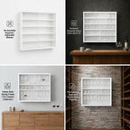 5-Tier Wall Mounted Shot Glass Display Case, No Assembly Required Wine Glass Display Cabinet with Glass Door & Adjustable Shelves, Bar Cabinet for Liquor Glasses, Bedroom Playroom, White