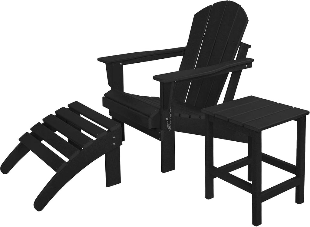 WestinTrends Malibu Outdoor Lounge Chairs, 3-Pieces Adirondack Chair Set with Ottoman and Side Table, All Weather Poly Lumber Patio Lawn Folding Chair for Outside Pool Garden Backyard, Black