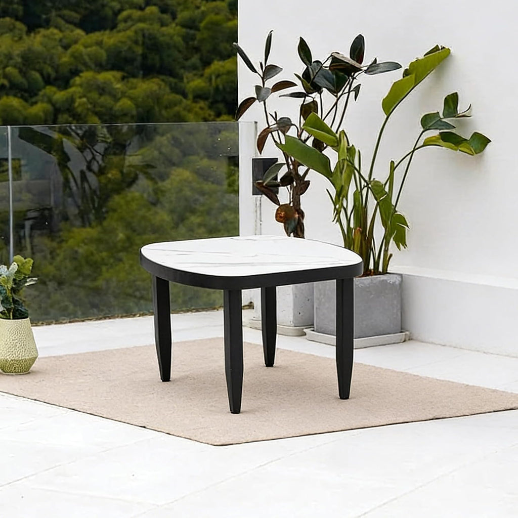 Modern Faux Marble Side Table for Outdoor/Indoor- 23.6" Patio Aluminum End Table with White Marble-Inspired Sintered Stone Top, Rounded Corners, Weatherproof & Rust-Free