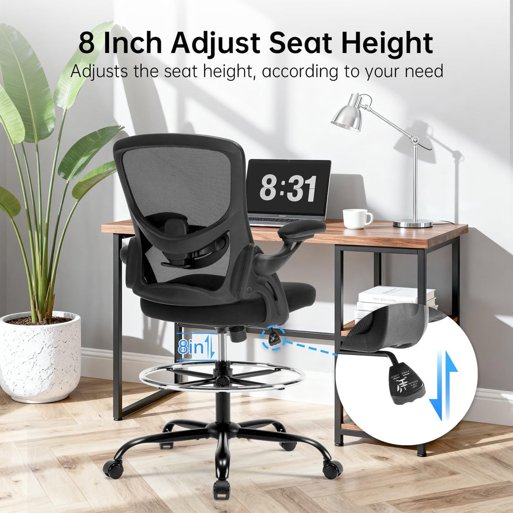 Drafting Chair Ergonomic Comuputer Standing Desk Chair with Flip-Up Arms and Lumbar Support, Tall Office Chair with Adjustable Footrest, Stool Counter Height Office Chairs Black