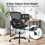 Drafting Chair Ergonomic Comuputer Standing Desk Chair with Flip-Up Arms and Lumbar Support, Tall Office Chair with Adjustable Footrest, Stool Counter Height Office Chairs Black