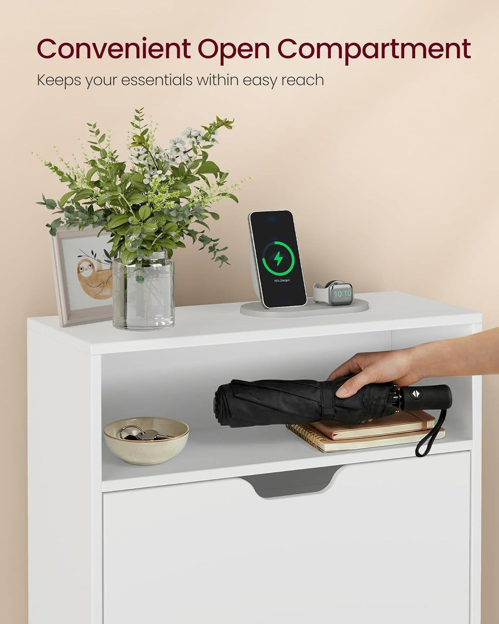 VASAGLE Custos Collection - Shoe Cabinet, Shoe Organizer, Open Compartment, Adjustable and Removable Dividers, 3 Flip Drawers, 9.4 x 31.5 x 54.5 Inches, for 21-24 Pairs, Cloud White ULBC043WB01