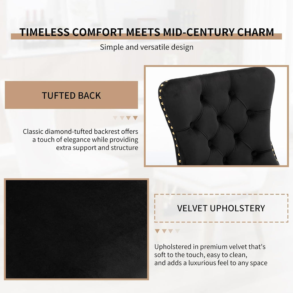 Mid Century Modern Dining Chairs Set of 6, Black Velvet Upholstered Tufted Back, Kitchen & Dining Room Chairs, Gold Metal Legs, Nailhead Trim, Sillas para Comedor (Black, 6 Pcs)