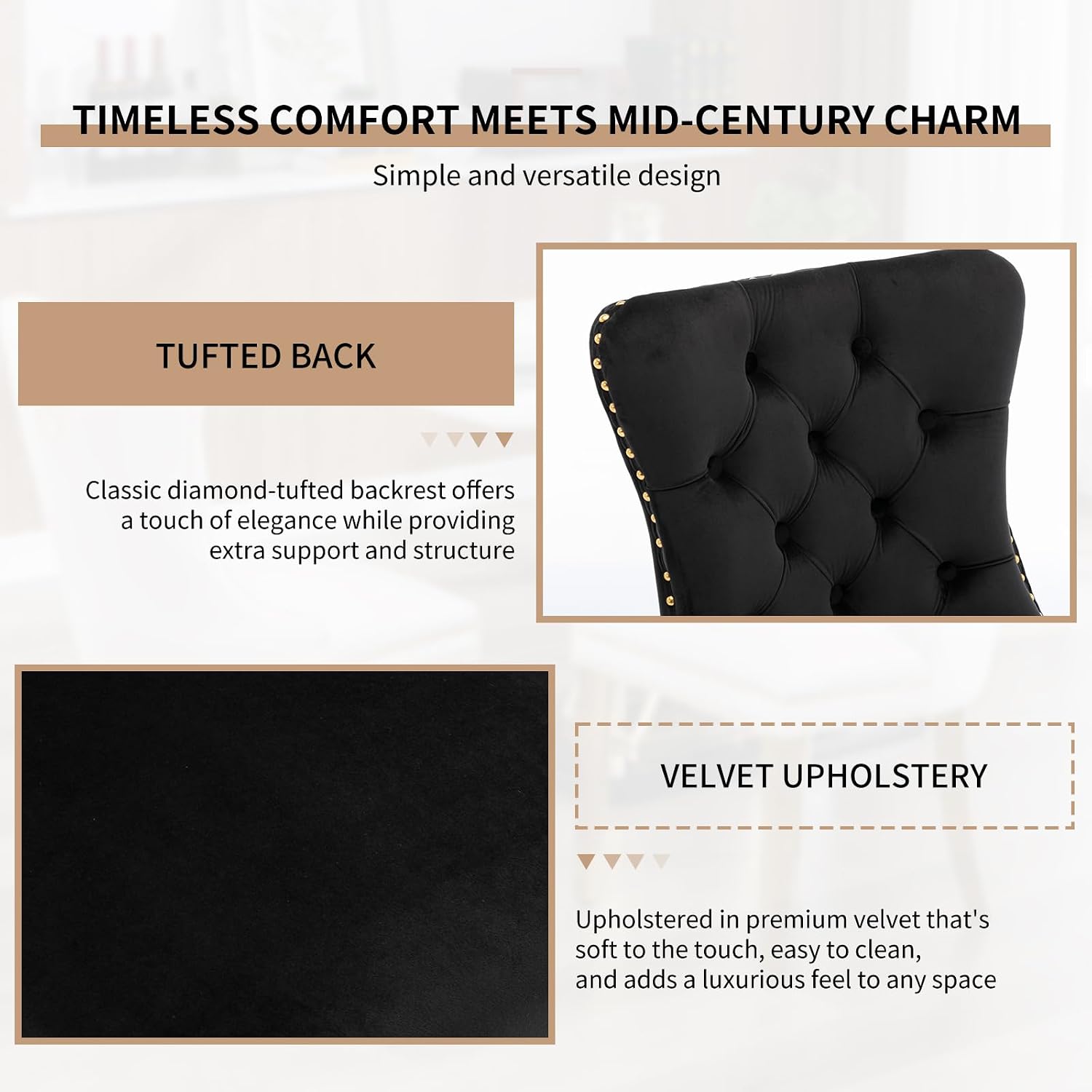 Mid Century Modern Dining Chairs Set of 6, Black Velvet Upholstered Tufted Back, Kitchen & Dining Room Chairs, Gold Metal Legs, Nailhead Trim, Sillas para Comedor (Black, 6 Pcs)