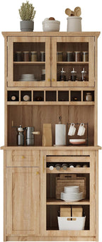 Farmhouse Kitchen Pantry Cabinet 35.4x17.7x74.8inch Freestanding Buffet with Hutch,Tall Kitchen Pantry Storage Cabinet with Wine Rack and Adjustable Shelves for Home Dining Living Room,Natural