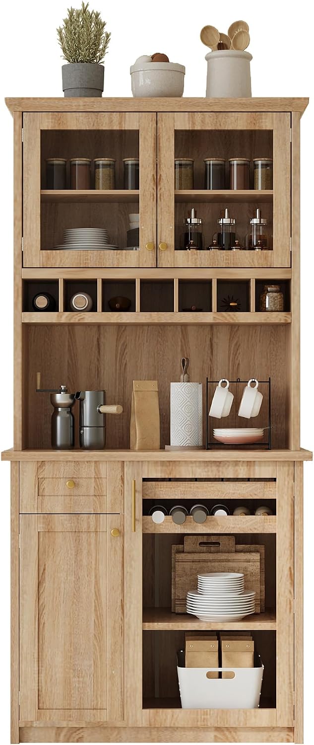 Farmhouse Kitchen Pantry Cabinet 35.4x17.7x74.8inch Freestanding Buffet with Hutch,Tall Kitchen Pantry Storage Cabinet with Wine Rack and Adjustable Shelves for Home Dining Living Room,Natural