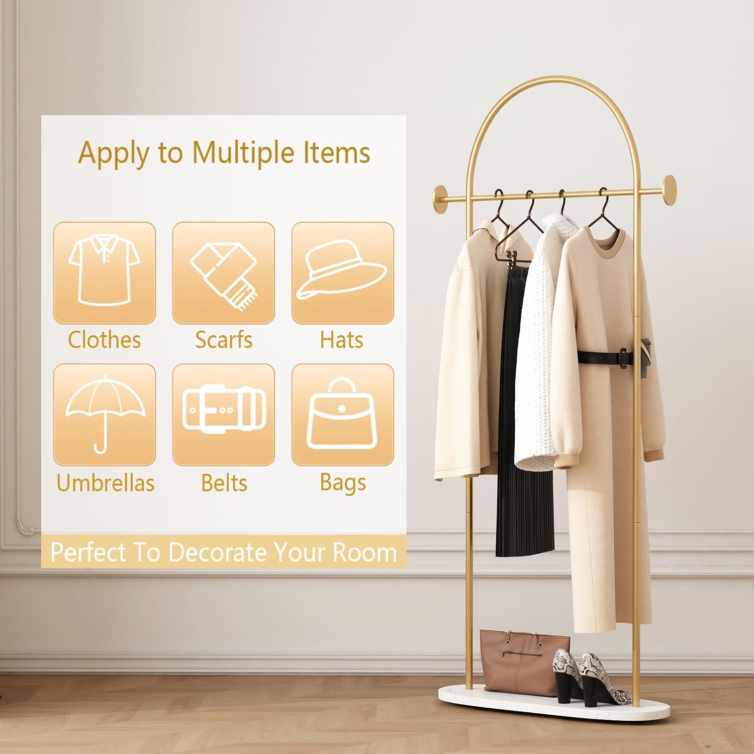 Modern Gold Coat Racks with Marble Base, Gold Clothing Racks with Shelves, Heavy Duty Clothes Rack Stand for Entryway, Bedroom, Living Room, Boutiques