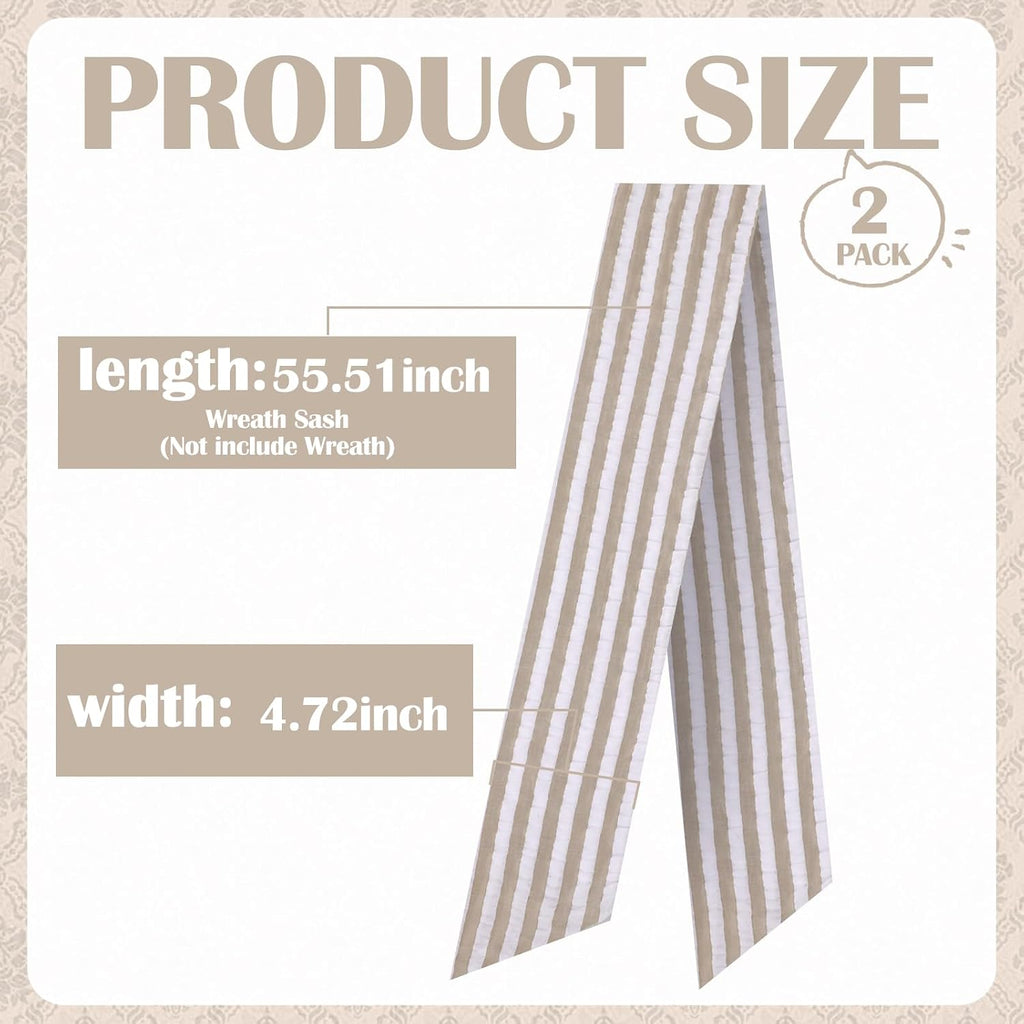 Brown Wreath Sash for Front Door - 2 Pcs Rustic Seersucker Wreath Sashes for Embroidery Monogram Home Decor, 60 Inch Boho Plain Stripe Wreaths Sash for Garland Window Wall Yard