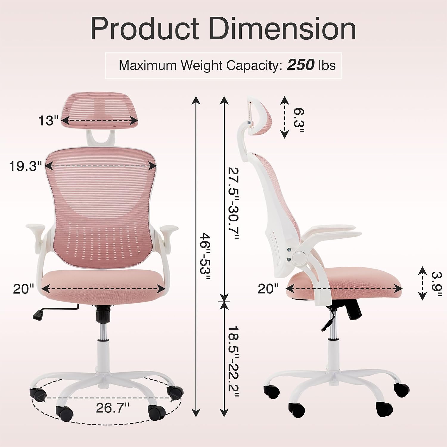 Ergonomic Home Mesh Office Chair-Computer Desk Swivel Reclining Chair with Wheels, Lumbar Support, Comfy Work Gaming Chair for Adults-Adjustable Headrest, Storage Basket for Home Office, Gaming, Pink