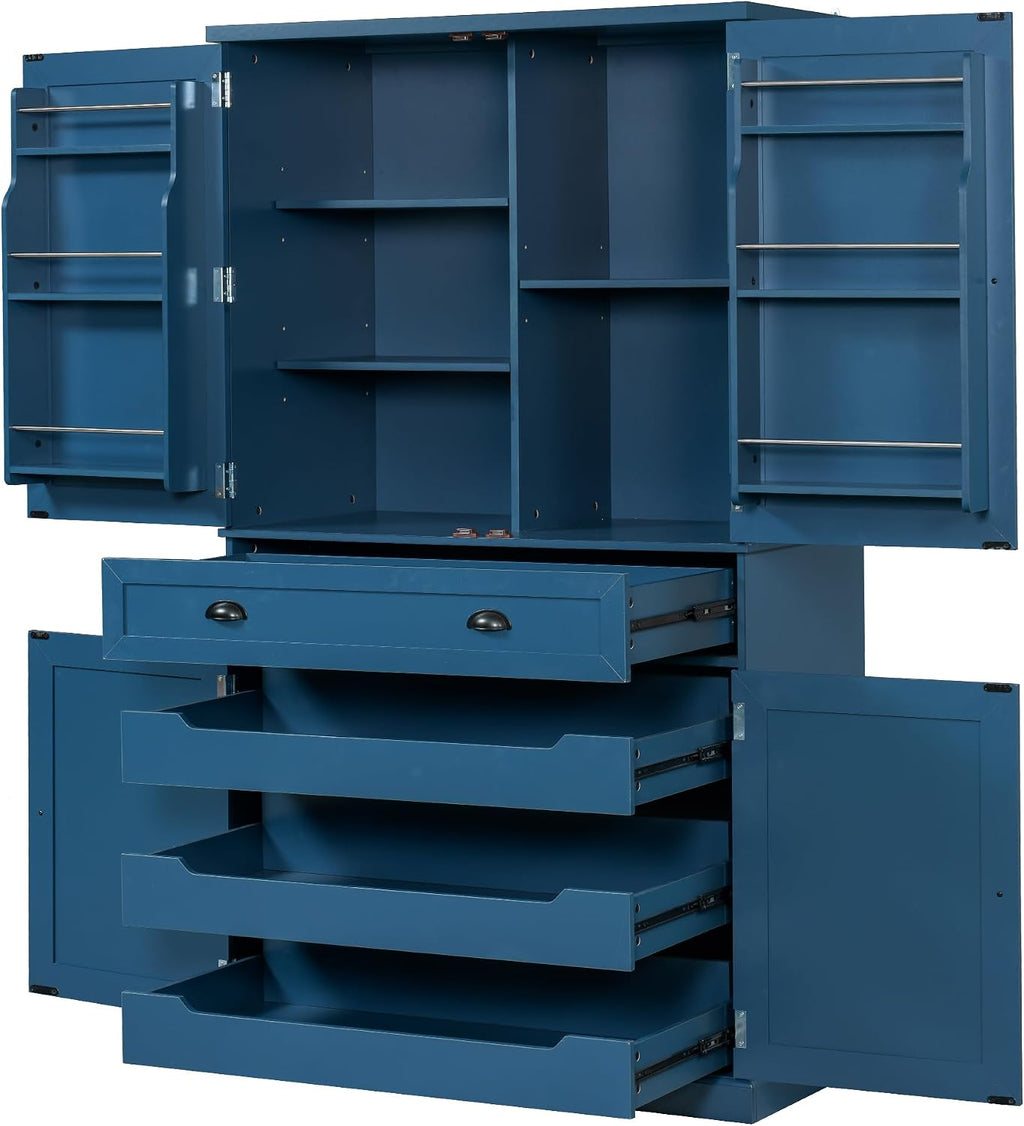 Freestanding Tall Kitchen Pantry Cabinet with 6 Door Shelves and Drawer, Wood Cupboard Storage Cabinet with Adjustable Shelves and 3 Pull-Out Trays for Dining Room, Kitchen (Blue)