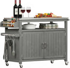 FUQARHY 43.3-Inch Solid Wood Outdoor Kitchen Island with Storage Cabinet, Grill Table with Stainless Steel Top, Outdoor Cooking Prep Station with Lockable Wheels for Backyard, Patio, Party (Gray)