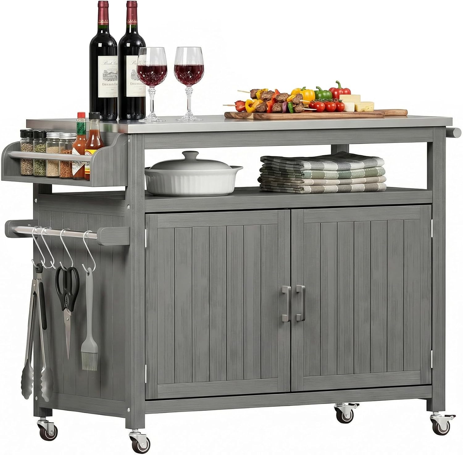 FUQARHY 43.3-Inch Solid Wood Outdoor Kitchen Island with Storage Cabinet, Grill Table with Stainless Steel Top, Outdoor Cooking Prep Station with Lockable Wheels for Backyard, Patio, Party (Gray)