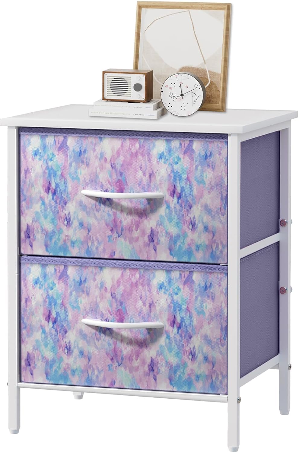Stero Nightstand, Kids Dresser with 2 Drawers, Steel Frame Bedside Furniture, Wood Top Fabric Night Stand, Colorful End Table for Home, Bedroom, Office Tie-dye Purple