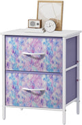 Stero Nightstand, Kids Dresser with 2 Drawers, Steel Frame Bedside Furniture, Wood Top Fabric Night Stand, Colorful End Table for Home, Bedroom, Office Tie-dye Purple