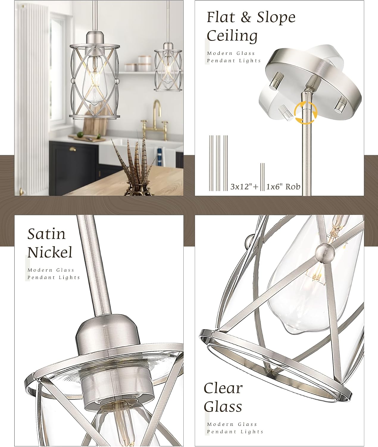 Brushed Nickel Pendant Lights Kitchen Island 3 Pack, Glass Kitchen Pendant Lighting Over Island with Rod, Modern Mini Hanging Light for Kitchen Sink Dining Room, CH9176BN-3PK