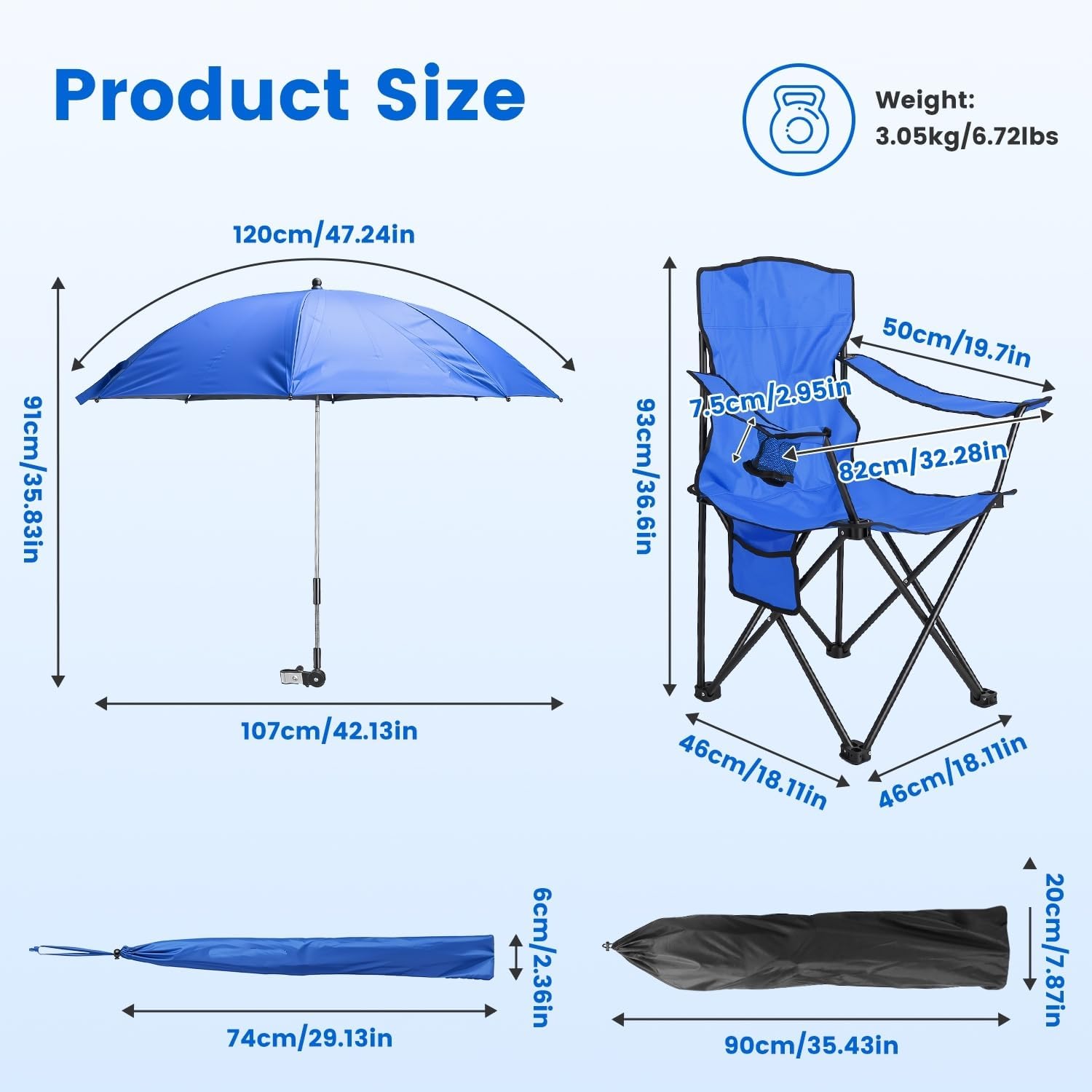 Folding Camping Chair with Detachable 8-Rib Sun Umbrella, 42 Inch Canopy Aluminum Alloy Portable Lawn Chair, Supports 330 lbs, Cup Holder, for Beach Camping Travel